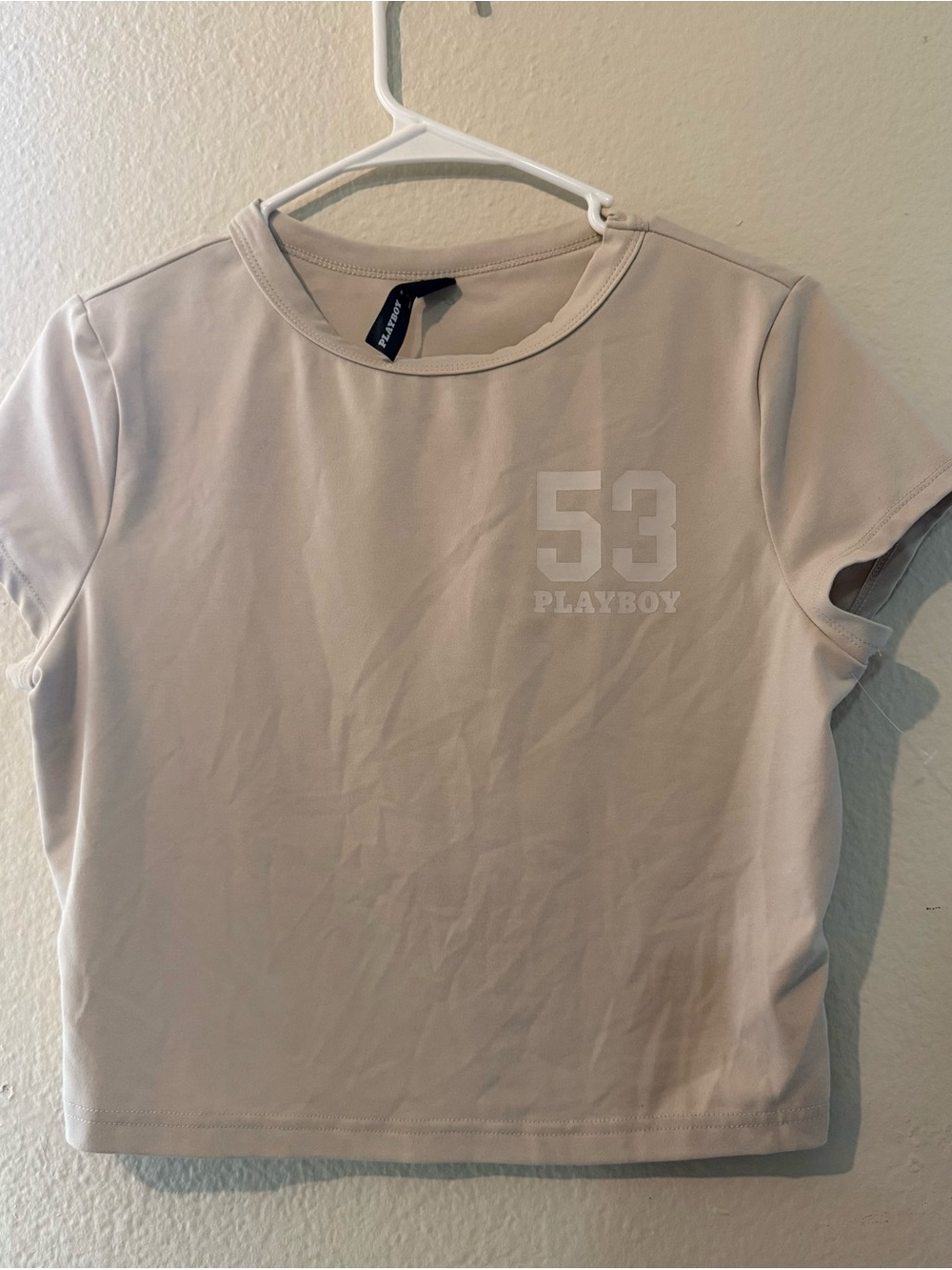 PLAYBOY X MISSGUIDED Beige Crewneck Crop Top with '53' Chest Graphic